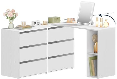 SONGMICS HOME Coiffeuse, Assemblage Rapide sans Outils Toolless, Commode, Meuble de Rangement, avec Étagère, Côte à Côte ou en L, pour Chambre, Bureau, Blanc Neige LTS656W01