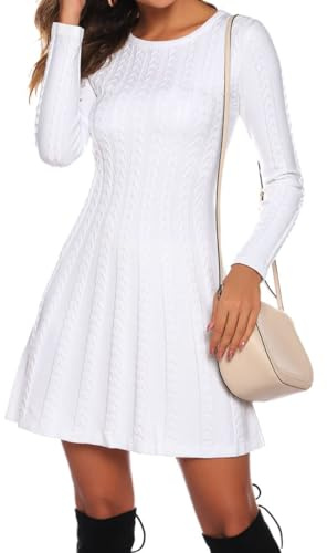 Gyabnw Vestito Casual Donna Invernale in Maglione Abito Vita Alta Elegante in Girocollo di Orlo Svasato Abito Linea A in Maglia al Ginocchio Caldo di Moda Treccia Ritorta