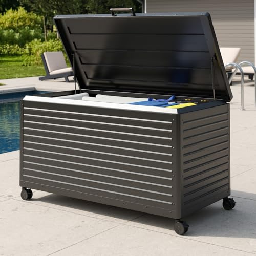 MIRADOR 175 Gallon Outdoor Storage Box with Wheels & Soft-Close Lid, Waterproof Metal Deck Box for Patio Cushions, Garden Tools & Pool Accessories, Charcoal
