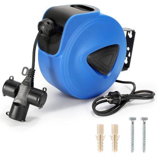 Fiqops Kabeltrommel Automatik 20m +1,5m, Kabelaufroller Wandmontage,180° Seitlich Schwenkbar,Automatische Kabeltrommel für Werkstatt und Ablage,mit Stopfunktion,Kabelaufroller(Dreipoliger Stecker)