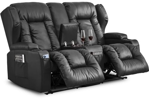 SAMERY Relaxsessel mit Liegefunktion Fernsehsessel Manuell Verstellbar, Zweisitzer Sofa Kinosessel 2 Sitzer Sofa TV Sessel Heimkino mit Konsole/Getränkehalter, Kunstleder Schwarz Zweisitzer
