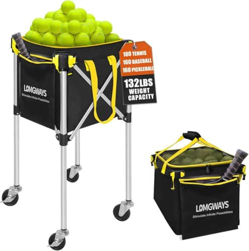 LOMGWAYS Pickleball Tennis Ball Hopper-Foldable Lightweight Tennis Ball Cart Holds 180 Tennis with Removable Bag,Wheel,Side Pocket for Training/Teaching, for Tennis/Pickleball/Baseball/Softball