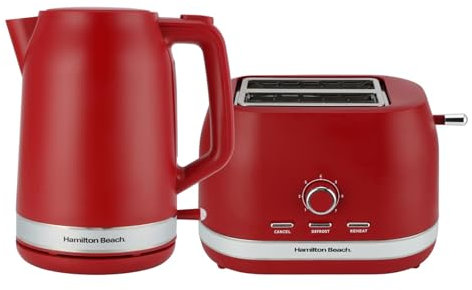 Hamilton Beach Kettle and Toaster Set, Ella, 1.7L Kettle, 2 Slice Toaster, Boil Dry Protection, Removable Filter, 7 Browning Levels, Removable Crumb Tray, Red - HBELLAMR