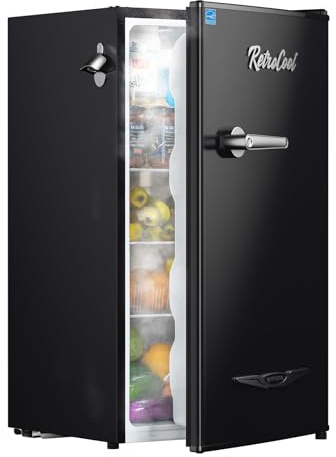 Upstreman 3.2 Cu.Ft Retro Mini Fridge with Bottle Opener, Energy Saving, Adjustable Thermostat, Metal Handle, LED Lamp, Mini Refrigerator for Bedroom, Office, Dorm-BR321 PRO (Black)