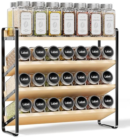 MUDEELA 4 Tier Spice Rack Organizer for Cabinet, Wooden Vertical Spice Shelf, Seasoning Organizer for Countertop, Kitchen, Pantry, Freestanding, 13.4 W × 11.2 H (No Jars Included), Black