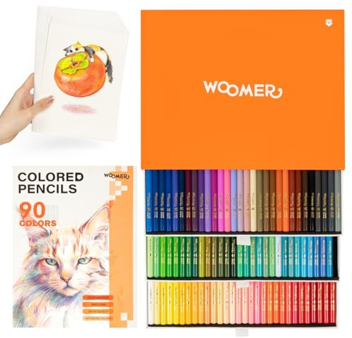 Woomer 90 färgpennor med 20 texturerat papper för vuxenfärgläggning | Oljebaserade färgpennor, mjuk kärna högt pigment, fina korniga ark konstnärsklass
