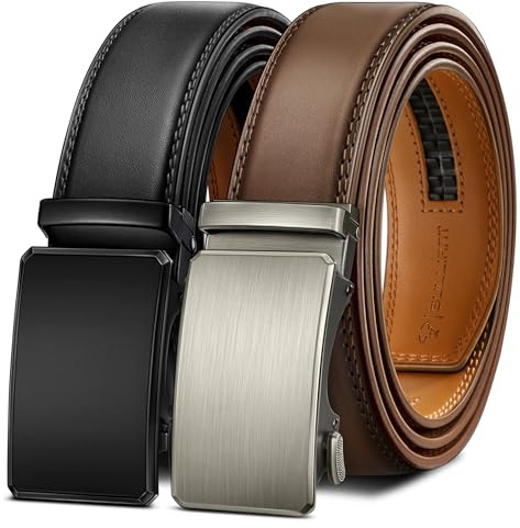 BULLIANT Gürtel Herren 2Pack Ratchet Gürtel Verstellbar Für Geschenk Herren Dress Jeans Freizeithose 3,5 cm Schnitt Für Passform(Schwarz/Tawny,115cm/32-38 taille verstellbar)