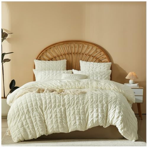Juego de Funda de edredón y Funda de Almohada, Seersucker Ropa de Cama para Cama Individual Matrimonio Juego de Fundas Nórdica Reversible Ultra Suave,Beige,220x240cm+2x51x76cm
