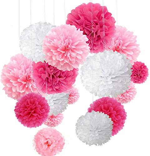 MAKFORT Pompon Rose Pompon Papier Soie Papier Fleur Pompon Boule à Suspendre 6,10,12 décor Mariage fête Anniversaire Happy Birthday Lot de 15 Rose