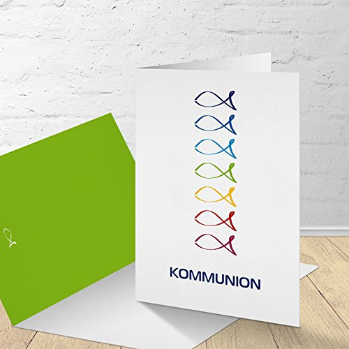 5 Karten zur Kommunion mit passenden Umschlägen, Motiv bunte Fische, Einladungskarten zur Kommunion, Klappkarten im Set zu 5 Stk.