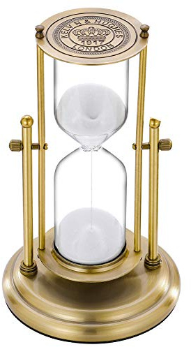 SuLiao Antique 60 Minute Hourglass, 360° Revolving Sand Timer, Large Brass Sand Clock, White Sand Watch, Vintage Reloj De Arena 1 Hora, Unique Metal One Hour Glass for Home, Desk, Office Decor