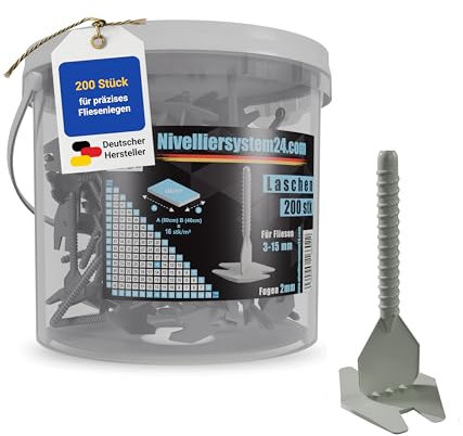 Nivelliersystem24.com Zuglaschen für 2 mm Fugen für Fliesenstärke von 3-15 mm, 200 Stück + Eimer – Geeignet für Fliesen-Nivelliersystem – 16602 (1 Eimer)
