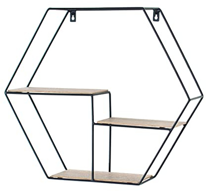 Core Products, Loft Wire Hexagonal Display Wall Shelf - Black Metal and Wood Effect