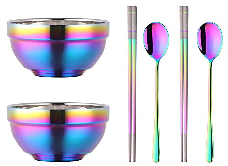 Lot de 6 bols à céréales 500 ml, en acier inoxydable, 2 bols à soupe double couche, 2 cuillères et 2 paires de baguettes, passe au lave-vaisselle – Multicolore