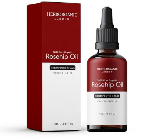 HERBORGANIC Rosehip Oil - Cold Pressed, Natural & Unrefined Bio Oil Scar Treatment - Hydrating & Moisturising Rosehip Oil for Face, Hair, Nails & Body - Vegan, Cruelty-Free Skin Nourishment