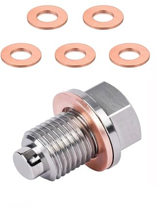 povtii M12 x 1.5 Magnetic Oil Drain Plug, Stainless Steel Sump Drain Nut Bolt with 5 Crush Washer Gaskets, Leak-proof Oil Drain Plug Replacement for Most Vehicles, Car Accessories