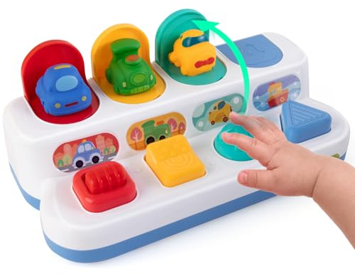 Tovol Zerky Giocattolo Montessori Causa ed Effetto 12 Mesi, Giocattolo a Forma di Animale con Pulsante Pop-up, Giocattoli sensoriali interattivi per Bambini Piccoli 1 2 3 Anni (Veicolo di Trasporto)