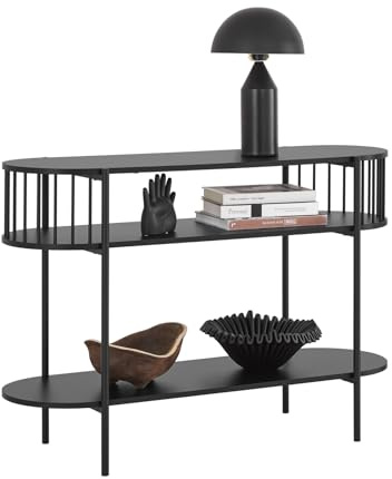 SoBuy Konsolentisch Metall mit 3 Ablagen, Konsole Holz im Modernen Schwarz für Flur, Wohnzimmer oder Esszimmer, Großer Stauraum für Familien, L110 x T39 x H76 cm, FSB90-SCH