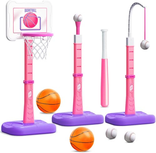 ShyLizard 3 in 1 Kids Basketball Hoop and T Ball Set, Adjustable Height Toddler Basketball Hoop, Hanging Tee Baseball, Indoor Outdoor Sports Toys Gifts for Toddlers Boys Girls Ages 3 4 5 Year（Pink