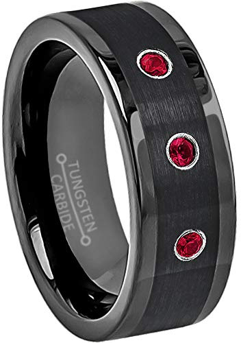 Black Pipe Cut Tungsten Carbide Mens Wedding Band with 0.21ctw 3-Stone Ruby & Diamond Birthstone Tungsten Ring - Brushed Center Comfort Fit Tungsten Anniversary Ring - 1RBWD