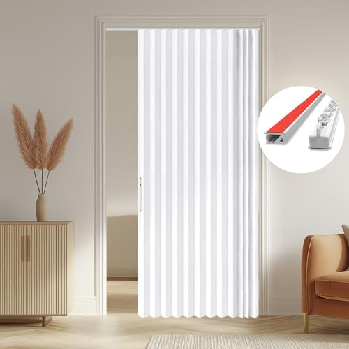 AJAZZ 100% Blackout Accordion Door Curtain for Door Patio Door Curtains Magnetic Doors Curtains for Bedroom Living Room Doorway Curtain Sets Included Tracks (1Panel, 53W X 79 L, White)