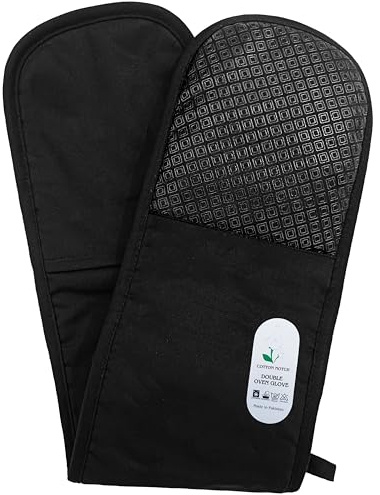 Double Oven Gloves Heat Resistant Silicone Grip – Extra Long Black Oven Mitts for Baking, Cooking & BBQ – Thick Quilted Cotton Pot Holders – Machine Washable Kitchen Accessories