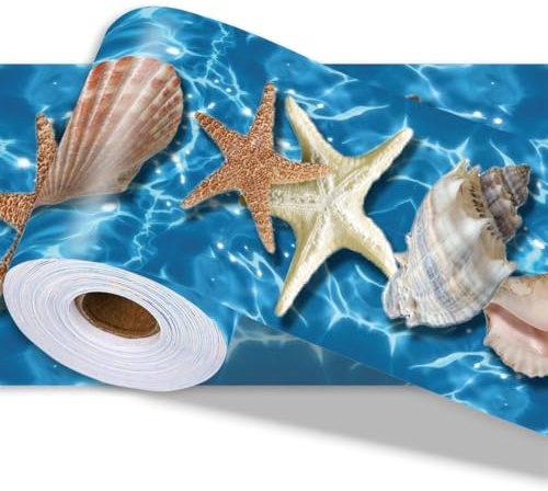 PRESSINART Franja de Papel Tapiz de Playa Borde de Pared Recorte de Borde Pelar Y Pegar 197 x 4 pulgada Patrón de Conchas de Mar Estrella de Mar Moldeado Decorativo de PVC Pegatinas para Decoración de
