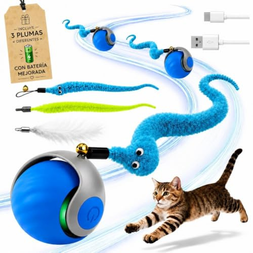 Juguetes para Gatos Interactivos – Pelota Interactiva para Gatos Recargable USB-C con Cola de Plumas, Juguete Automático con 2 Velocidades y Modo Inteligente - Estimula su instinto de caza (AZUL)