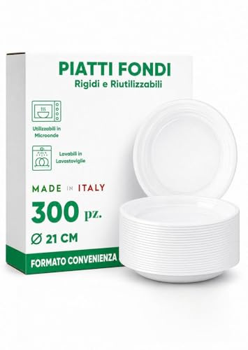 Generico Piatti Fondi Rigidi Riutilizzabili 21 cm – Formato Convenienza 300 Pezzi, Plastica Resistente Idonea a Microonde e Lavastoviglie, Made in Italy