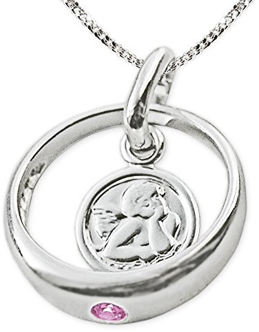CLEVER SCHMUCK Taufkette mit Taufring Ø 12 mm Engel rund Zirkonia rosa Kette Panzer 36 cm glänzend Sterling Silber 925 für Mädchen