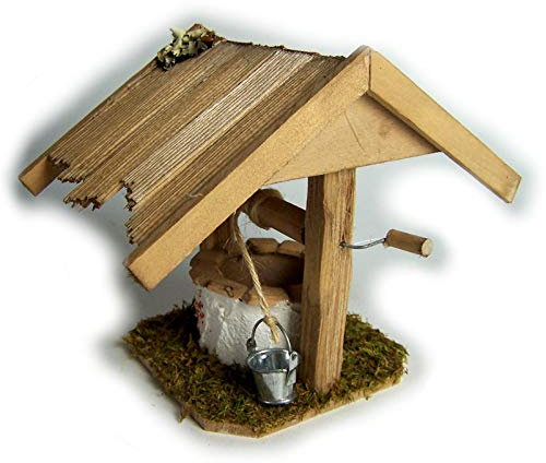 Krippenbau-Lewen Brunnen mit schindeldach für Weihnachtskrippe, Holz braun gebeizt 14x14x11 cm.