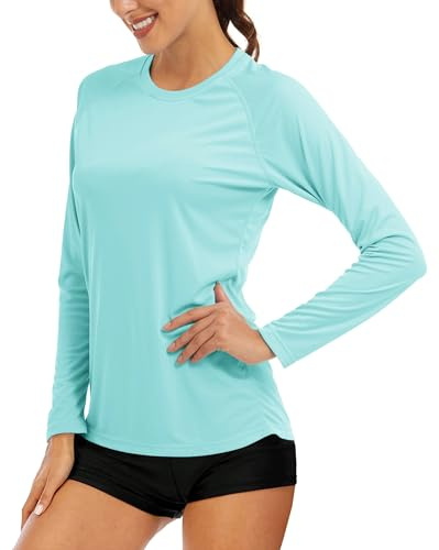 Swim Shirts for Women UV Protection Womens Rash Guard Shirts Long Sleeve Running Shirts Women Fishing Shirts Performance Sun Shirts for Women Light Blue