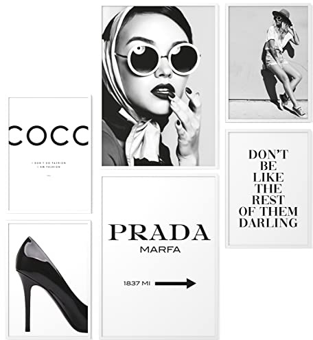 Papierschmiede® Set Mood Posters, bildvägg utan ramar Coco Black and White kontor, vardagsrum, deco sovrum, kök, 2 x A3 och 4x A4, glamour livsstil mode