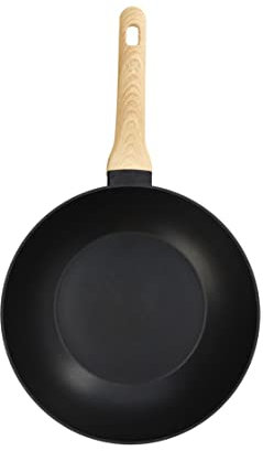 MasterChef Wok Induccion, Sarten Antiadherente, para Salteado, Comida Asiática, Huevos y mas, Aluminio, Mango de Madera, Revestimiento Antirayaduras, Apta para Lavavajillas, 28cm, Negro