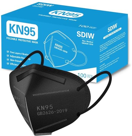 SDIW 100PCS KN95 Black Face Masks 5 Layer Filter Efficiency≥95% with Elastic Ear Loop and Nose Bridge Clip Breathable Mask