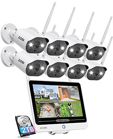 ZOSI 3MP Kit Camera de Surveillance WiFi sans Fil, 12,5” Moniteur NVR 8CH 2K 2TB, Alarme Sonore et Lumieuse, Vision Nocturne Couleur, Audio Bidirectionnel, Détection de Mouvement