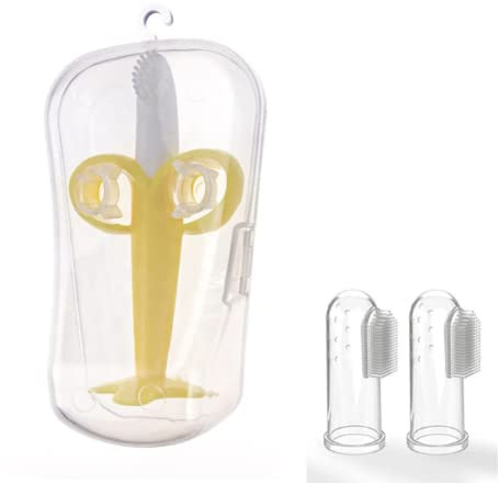 Sanitral Komplettes Baby-Zahnbürsten-Set (Bananen-Beißring + 2 Fingerzahnbürsten)