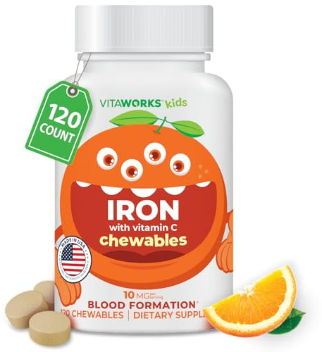 VitaWorks Kids Iron 10mg with Vitamin C 50mg Chewable Tablets - Tasty Natural Flavored - Vegan, Vegetarian, GMO-Free, Nut Free - Dietary Iron Supplement - Blood Formation for Children - 120 Chewables