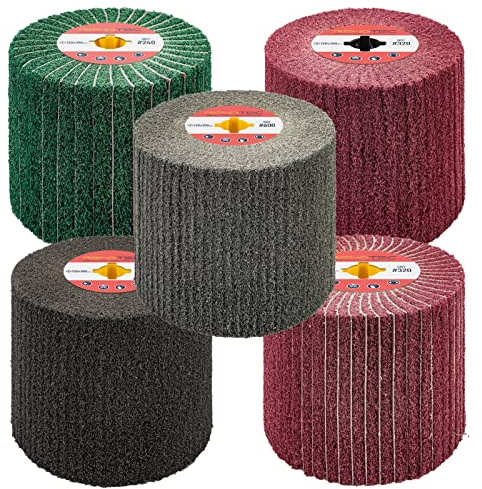 RENOTEC Non-Woven Wire Drawing Flap Wheel, 120x100mm, for Stainless Steel Satin Finishing and Metal Surface Treatment, Conditioning Drum Buffin for Burnishing Polishing Machine (240-600 Grit Set)
