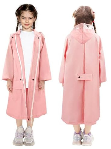 LAMA Regenmantel Kinder, Regenponcho Mädchen Leichter Kinder Regenjacke, Wiederverwendbar Regenbekleidung Regencape mit Kapuze & Rucksackabdeckung, Raincoat für Fahrrad Wandern Camping Reisen, Rosa M