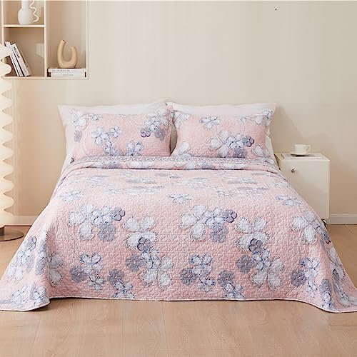 Chickwin Luxuriös Tagesdecke Baumwolle Vintage Bettüberwurf Doppelbett Leichte Dünne Steppdecke für Gesteppte Set mit 2 Kissenbezüge, Bett Überwurfdecke Wendedesign (150x200cm,Pinke Blume)
