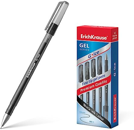 Erich Krause Gelpennor 0,4 mm 12-pack svart – enkel och mjuk skrivning – smal form – gelkulspetspenna – gelpenna för skola och kontorsmaterial – inte smörjande – G-Ice