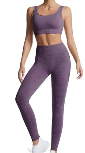 dohomiryo Abbigliamento Sportivo da Donna Set 2 Pezzi, Reggiseno Sportivo e Vita Alta Leggings Yoga Tuta Ginnastica Completo Tuta per Running Yoga Fitness Viola profondo M