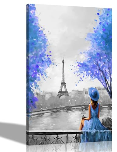 Black and White Alone and Blissful in Paris Blue Canvas Wall Prints for Living Room, Bedroom, City Pictures Oil Painting Re-print 51 x 35cm (20 x 14 inches)