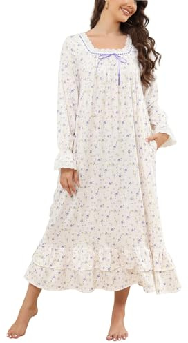 Rubehoow Camisón victoriano vintage de manga larga para mujer, vestido de pijama de algodón suave, ropa de dormir S-3XL, Rosa lila, 3XL