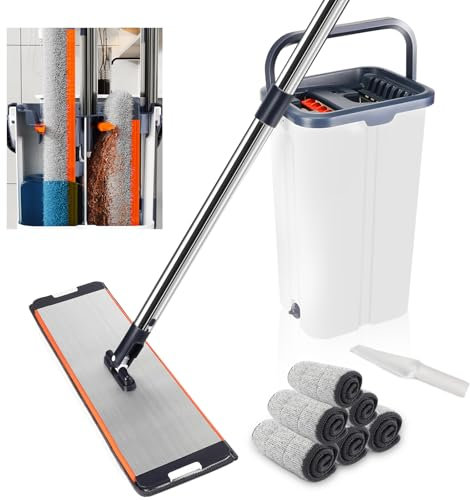 Ensemble Balai Serpillère avec Seau Essoreur,Set de 6 tampons en Microfibre et équipé d'un Manche allongé et épaissi de 155 cm, sépare la saleté de l'eau Douce,pour Tous Les sols, Blanc