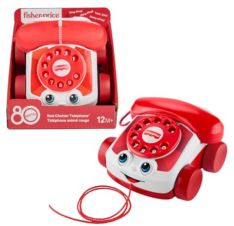 Fisher-Price - Telefono Chiacchierone Rosso, gioco trainabile con l'iconico filo rosso in stile Mattel, edizione speciale 80° Anniversario, giocattolo per bambini, 12+ mesi, JGG97