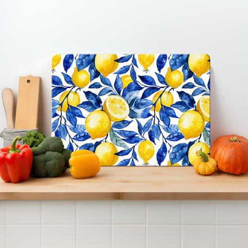 Textured Glass Chopping Board Worktop Saver for Kitchens, Durable, Easy-Clean, Scratch Resistant, Hygienic, Non Slip Feet, Abstract Lemons, Available in Two Sizes (S)