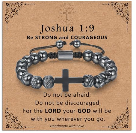 ilasif Cross Bracelet Christening Gifts for Boy, Adjustable Woven Bead Son Bracelet Gifts for Teen Boys, Christmas Birthday Baptism Christian Gift for Son Grandson Nephew Brother (Joshua 1:9)
