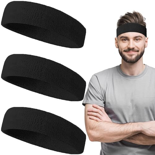 Fascia sportiva, 3 fasce sportive, fascia per capelli, in spugna, per sport, sudore, per uomo, donna, per corsa, fitness, yoga, ciclismo, basket (B)